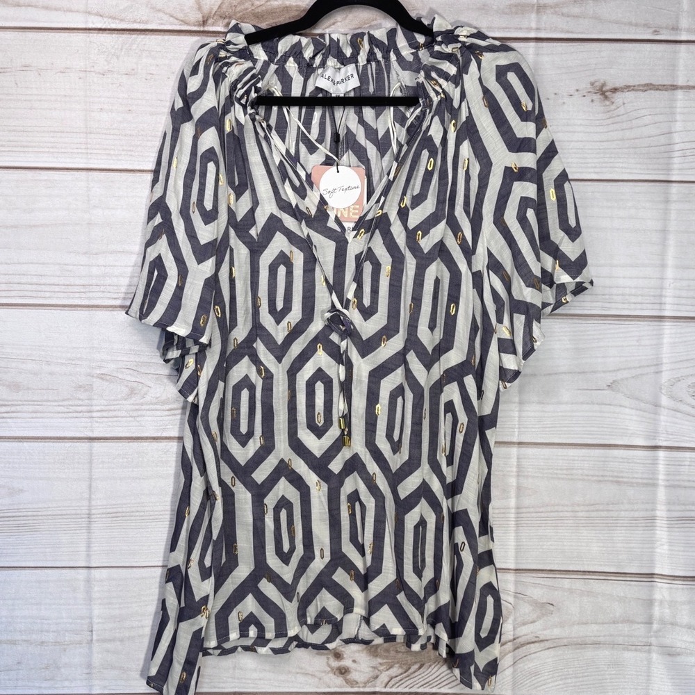 NWT Alex & Parker Blue Geo Gold Foil Tie Neck Blouse Top 3X Flowy Boho Chic